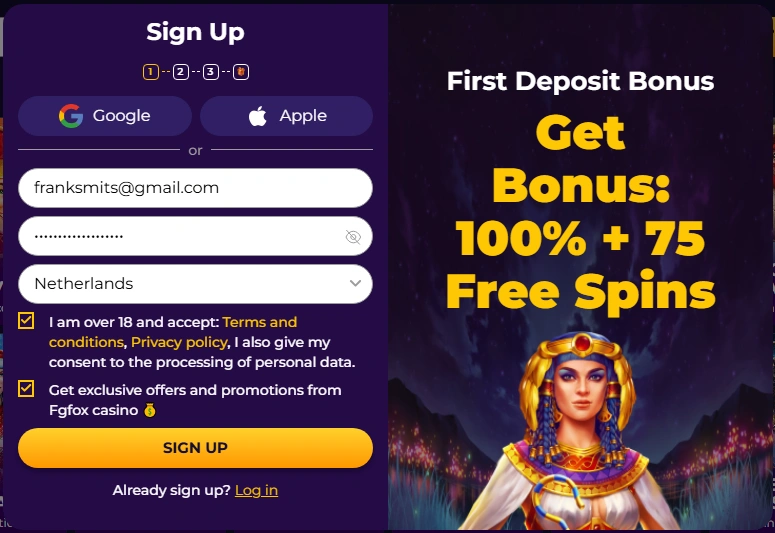 FGFox Casino registratieformulier met invulvelden voor persoonlijke gegevens